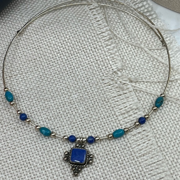 Vintage Southwestern Flexible Sterling Silver Necklace with Lapis & Turquoise - Picture 14 of 15